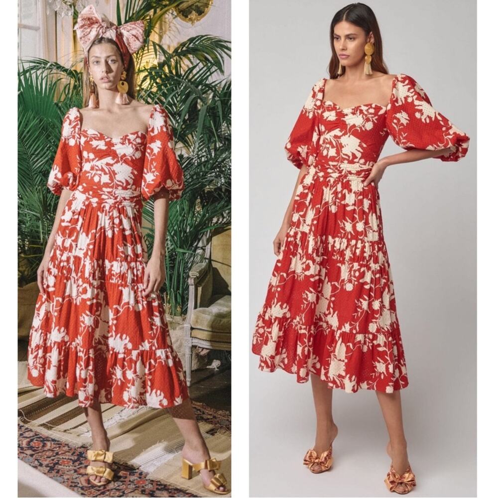 Johanna Ortiz Red Beautiful Chaos Floral Print Broderie Anglaise Midi Dress Sz 4
